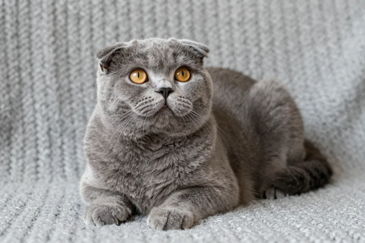 A gray Scottish Fold cat with amber eyes lies on a chunky light gray knit blanket looking upward.