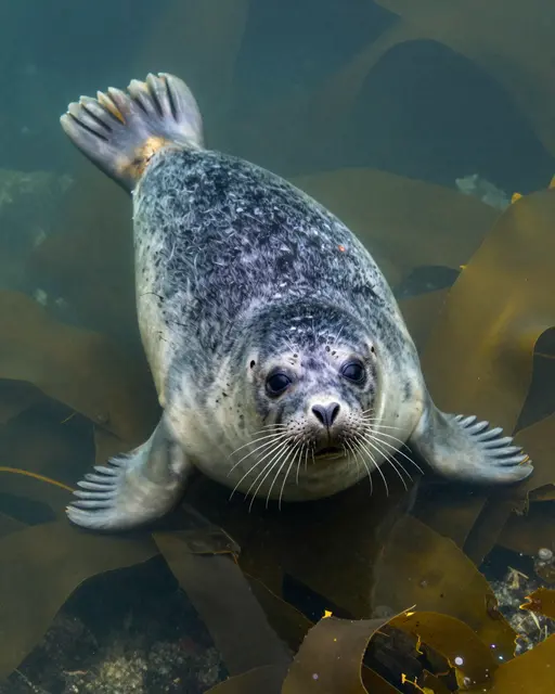 A whiskered gray seal floats underwater in a kelp forest looking straight at the camera.