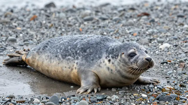 A mottled gray seal rests on a wet pebble shore in damp overcast conditions