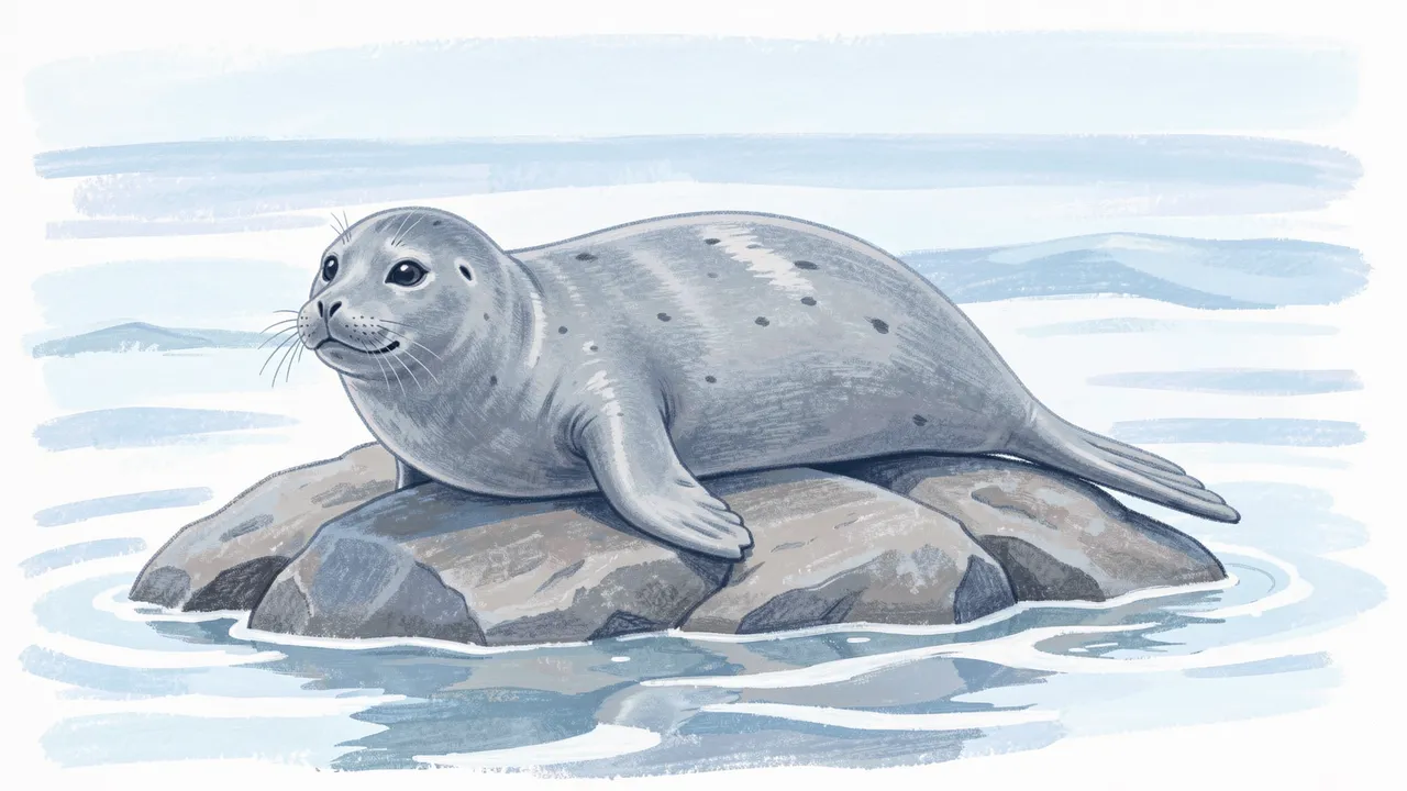 Soft pastel illustration of a spotted gray seal resting on a rock in calm low tide waters