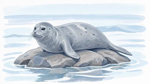 Soft pastel illustration of a spotted gray seal resting on a rock in calm low tide waters