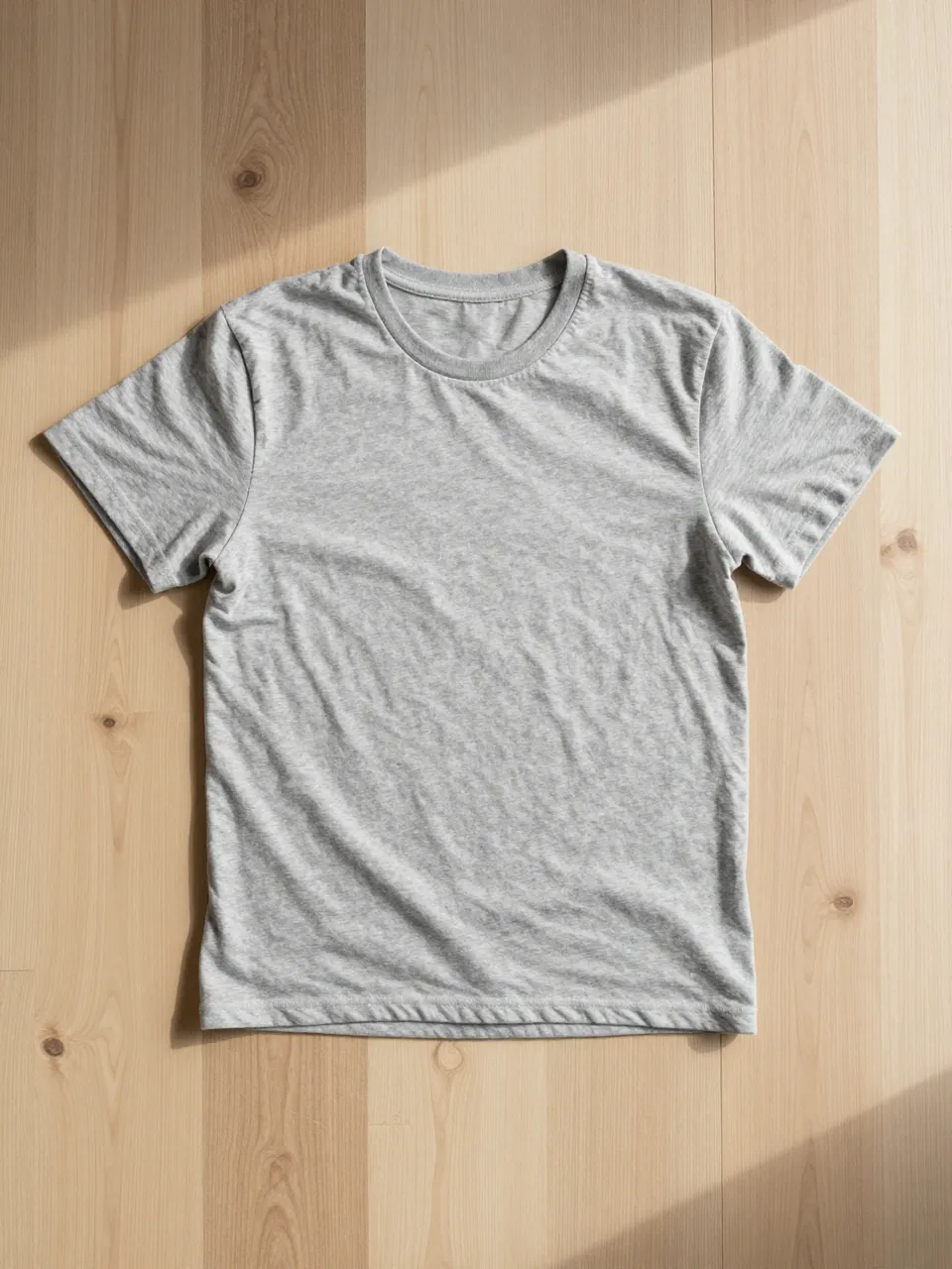 A plain heather gray t-shirt lies flat on light oak floorboards with soft angled natural shadows.