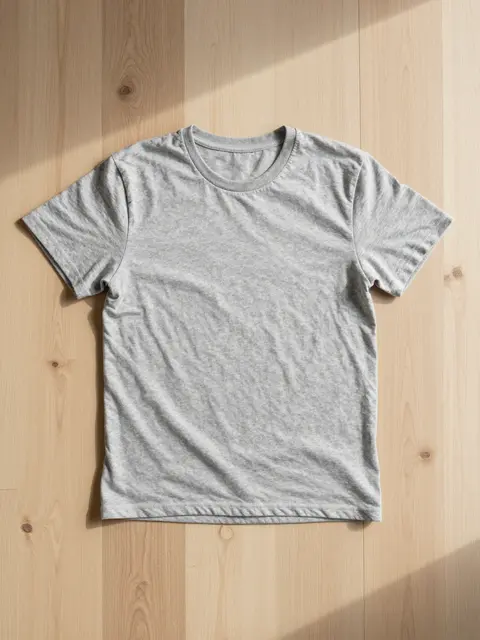 A plain heather gray t-shirt lies flat on light oak floorboards with soft angled natural shadows.