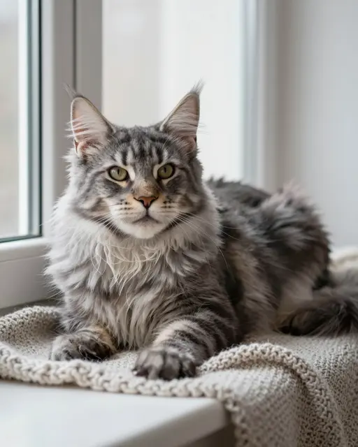 Fluffy gray tabby Maine Coon cat rests on a knitted blanket next to a bright window.