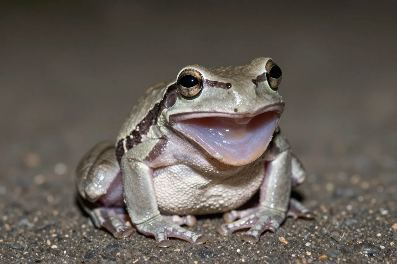 Close up of a gray tree frog sitting on gravel with its mouth wide open at night