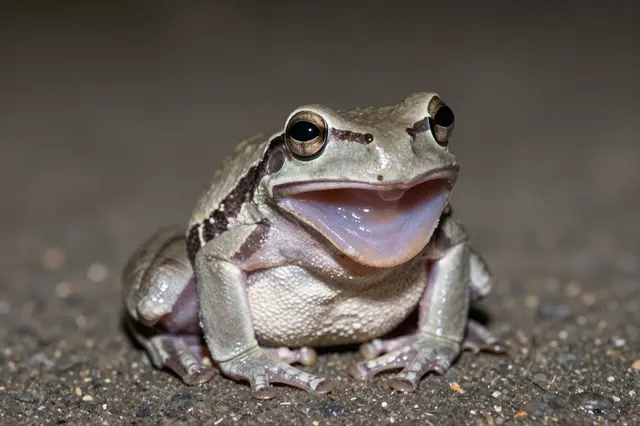Close up of a gray tree frog sitting on gravel with its mouth wide open at night