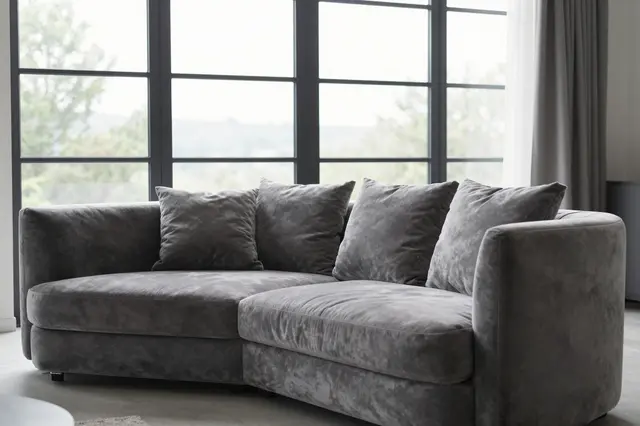 Curved gray velvet sectional sofa sits in front of large black-framed grid windows in a bright modern living room