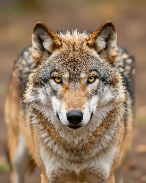 A gray wolf with yellow eyes gazes directly at the camera in soft autumn lighting.