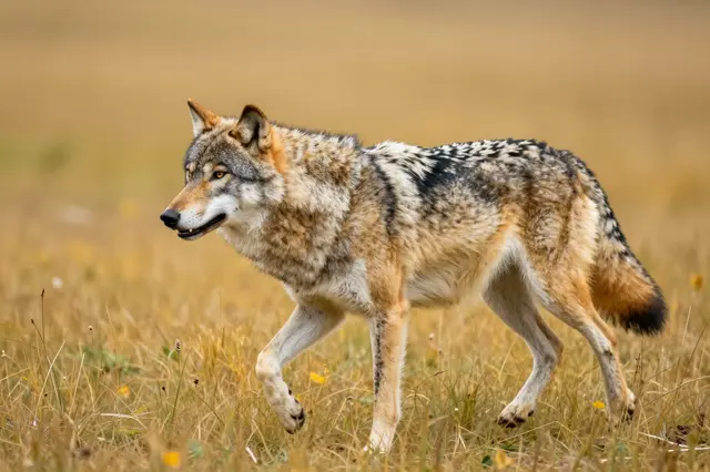 A gray wolf trots through dry golden grass in an autumn meadow, facing left.