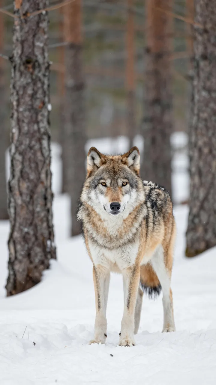 A gray wolf stands facing the camera on snow between tall pine tree trunks with falling snow.