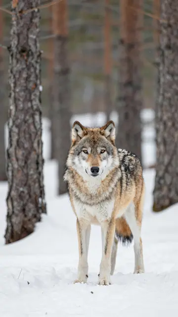 A gray wolf stands facing the camera on snow between tall pine tree trunks with falling snow.