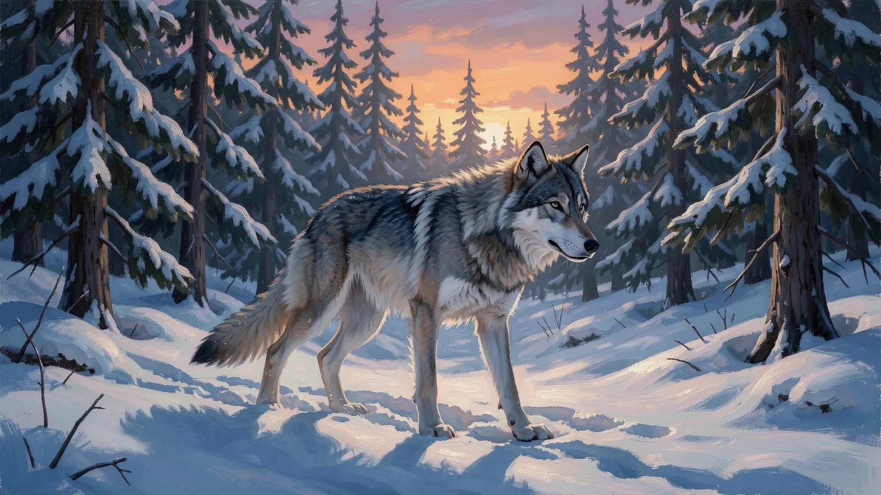 Oil painting of a gray wolf standing in a snowy pine forest beneath a warm dusk sky