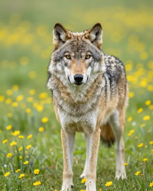 A gray wolf with amber eyes stands facing the camera in a sunlit meadow of yellow wildflowers
