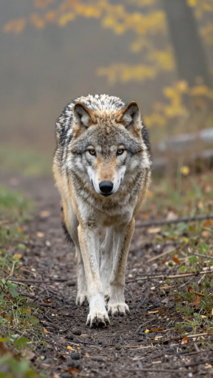 A gray wolf walks directly toward the camera along a misty autumn forest trail