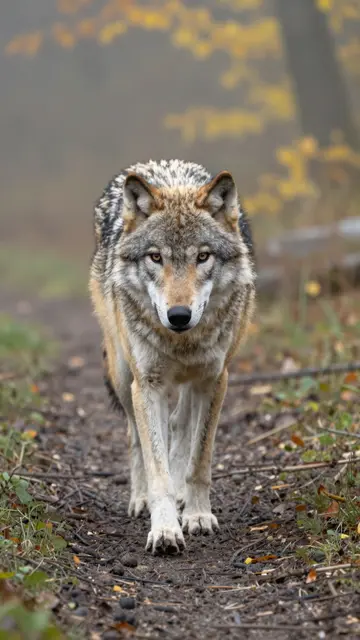 A gray wolf walks directly toward the camera along a misty autumn forest trail