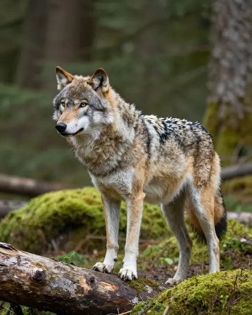 A gray wolf stands atop a fallen moss-dusted log in a dense temperate forest, looking leftward.