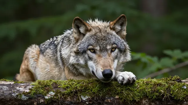 A gray wolf rests its chin and paw on a mossy log, looking directly at the camera against a blurred green forest background.