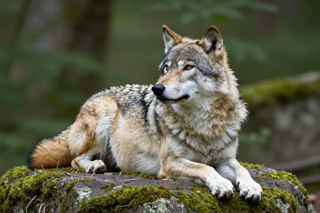 A gray wolf lies alert on a mossy rock, looking off to the side in a sun-dappled forest.