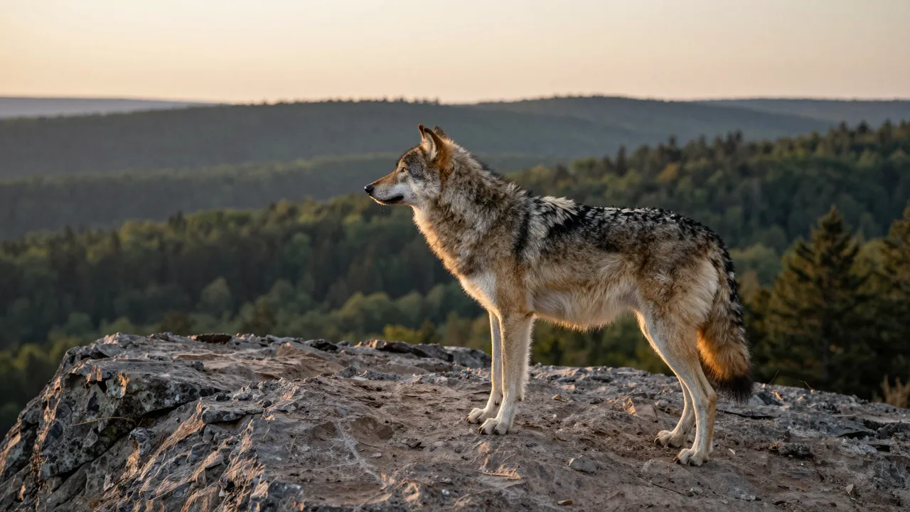 A gray wolf stands on a rocky outcrop looking out over a forested valley at golden sunset