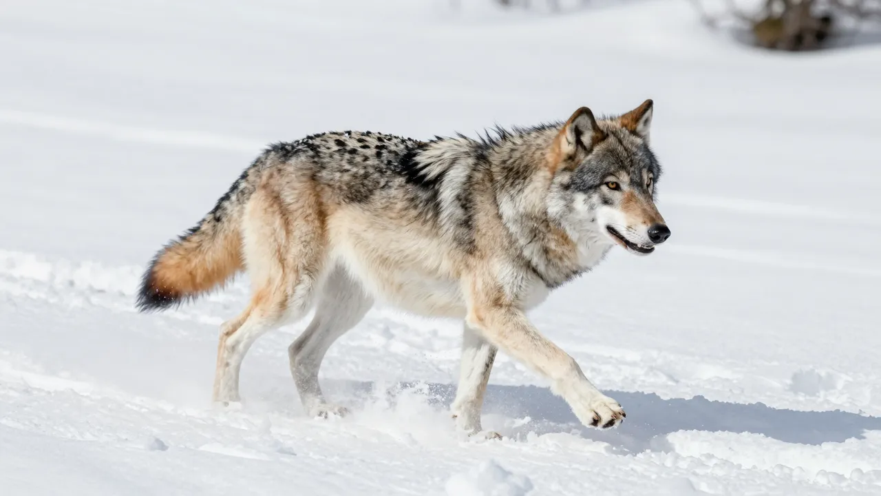 Side view of a gray wolf moving through deep powdery snow under bright daylight