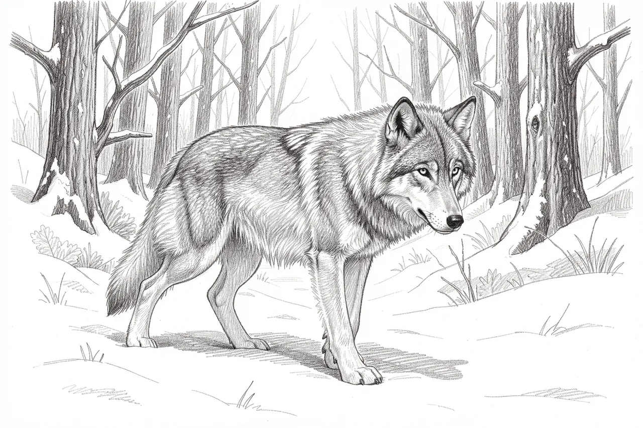 Detailed graphite pencil sketch of a gray wolf standing in a snowy bare winter forest