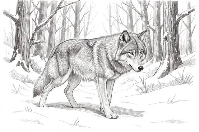Detailed graphite pencil sketch of a gray wolf standing in a snowy bare winter forest