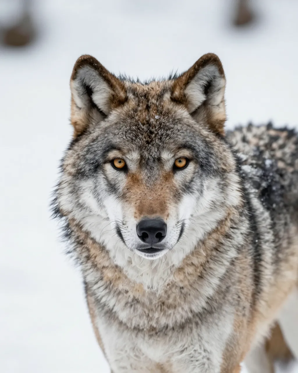 A close-up portrait of a gray wolf with amber eyes standing in snowy winter terrain.