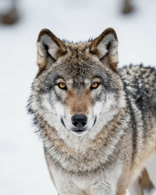 A close-up portrait of a gray wolf with amber eyes standing in snowy winter terrain.