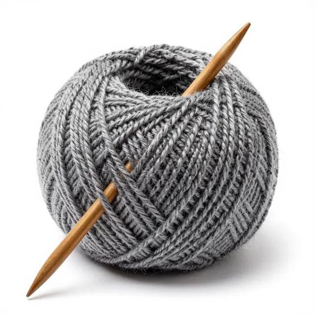 A ball of chunky gray merino yarn with two wooden knitting needles rests on a plain white background.