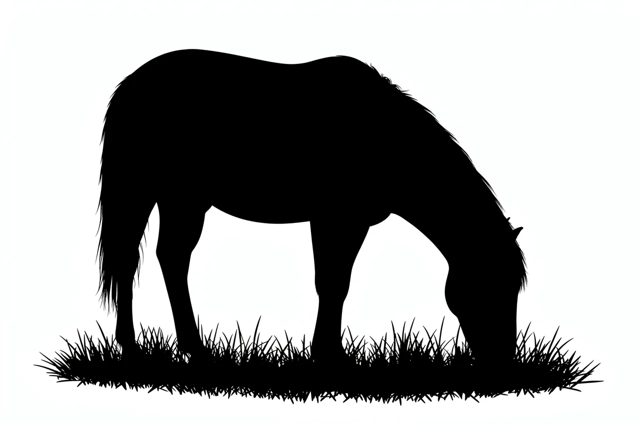 Solid black silhouette of a grazing horse with lowered head on a plain white background