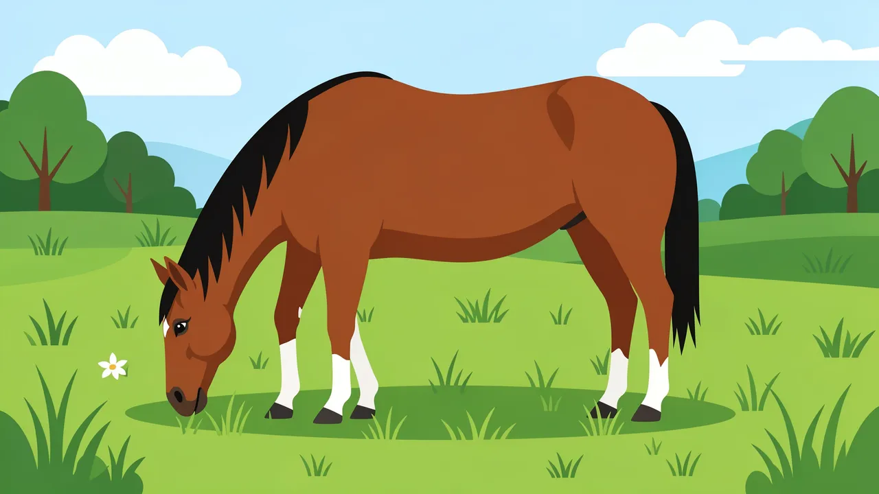 Side view flat vector illustration of a brown mare grazing in a sunny grassy meadow
