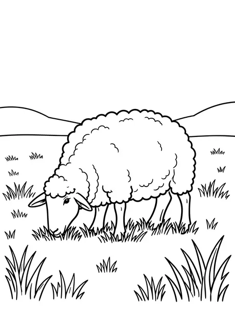 Black and white bold line art of a fluffy sheep grazing in a grassy meadow on a plain background