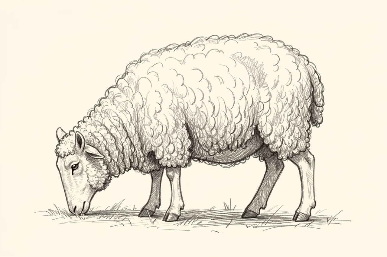 A graphite pencil sketch of a curly wool sheep grazing in side view on cream paper