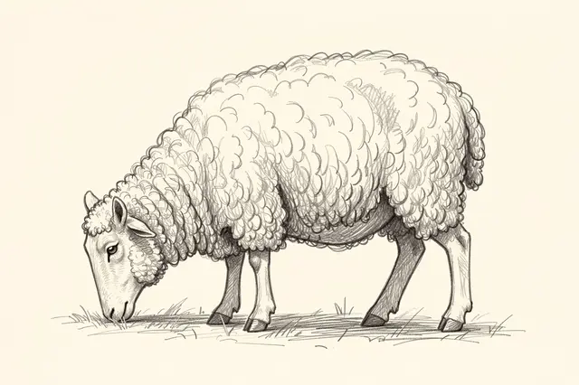 A graphite pencil sketch of a curly wool sheep grazing in side view on cream paper