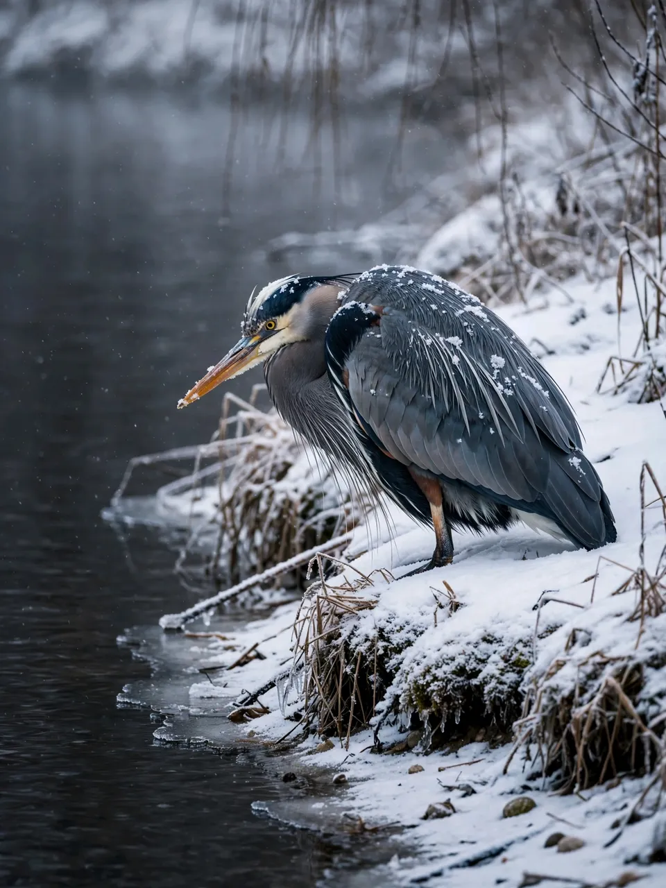 A great blue heron dusted with snow hunches on a snowy river edge beside dark open water