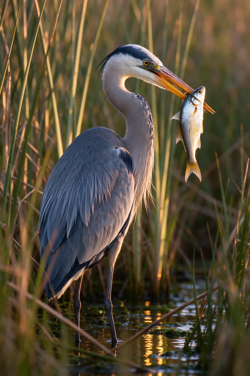 A great blue heron stands in marsh reeds holding a silver fish in its beak in warm morning light.