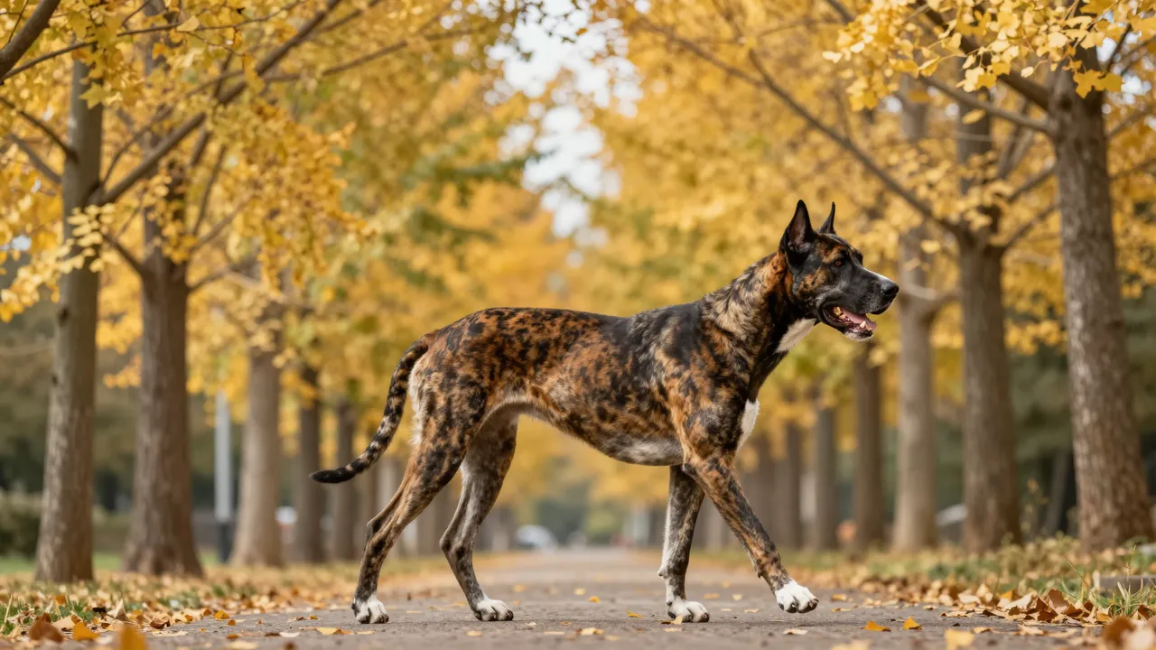 Brindle Great Dane walks in side view along a paved path lined with golden autumn trees