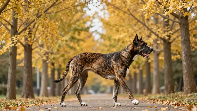 Brindle Great Dane walks in side view along a paved path lined with golden autumn trees