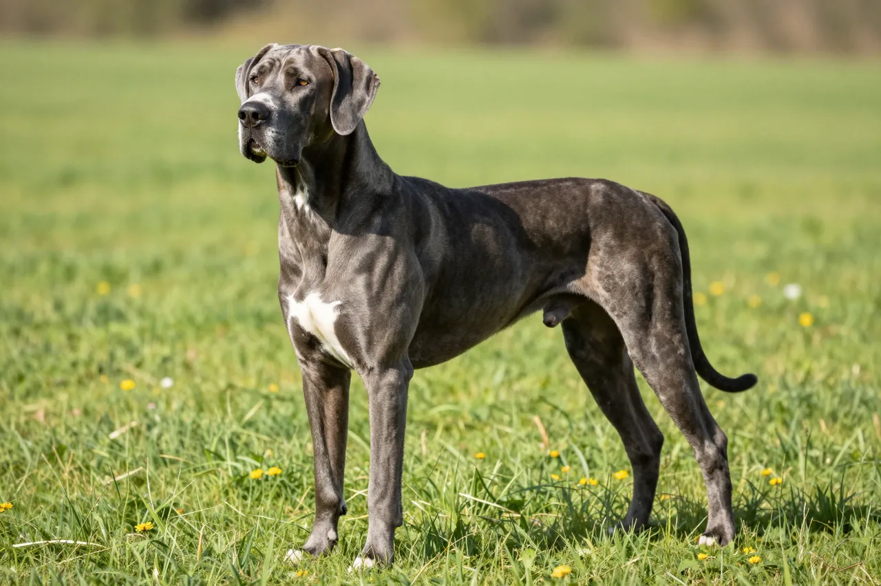A gray merle Great Dane with white markings stands alert on a sunlit grassy field dotted with wildflowers.
