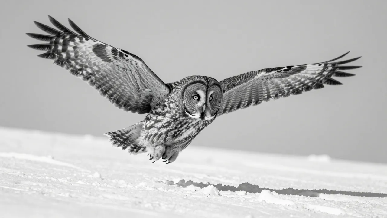 Black and white close-up of a great gray owl gliding low over snow with fully outstretched wings