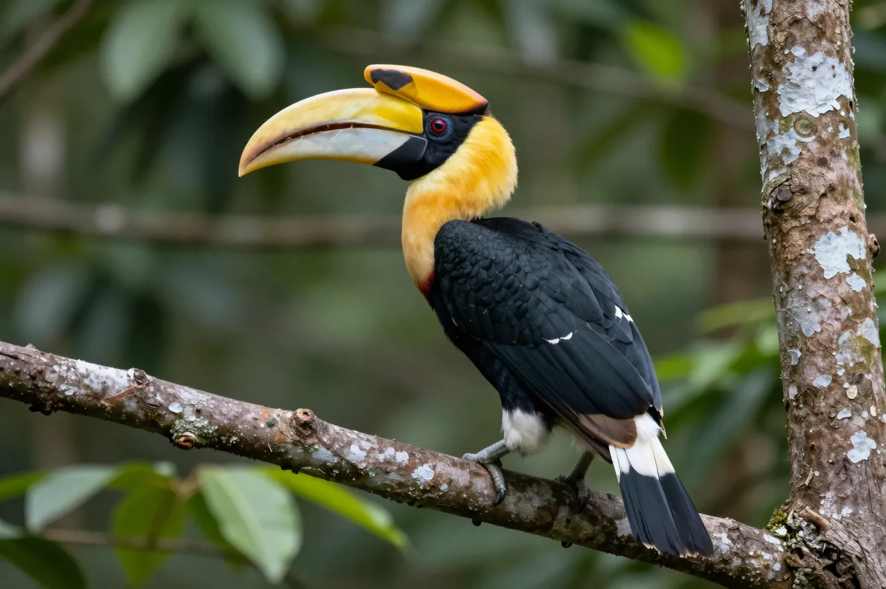 A great hornbill with a large yellow beak sits perched on a lichen-spotted rainforest branch