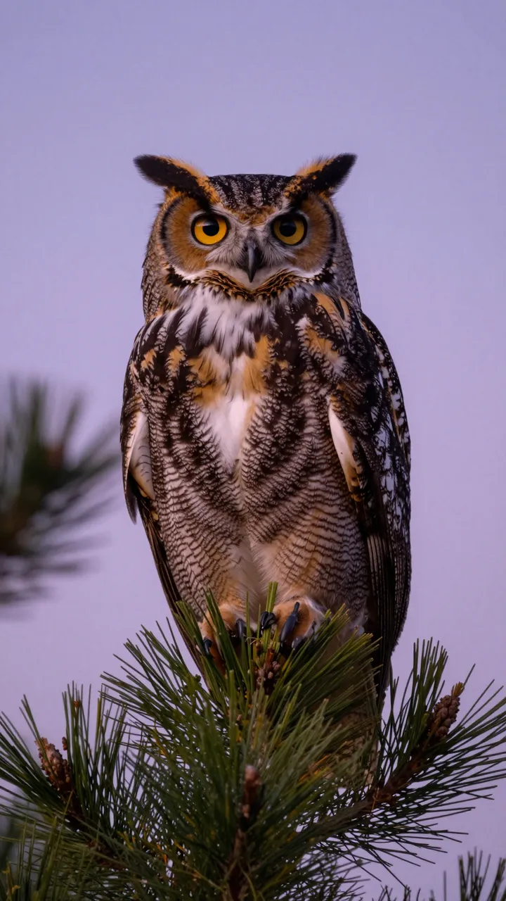A great horned owl perches on pine needles against a soft violet dusk sky