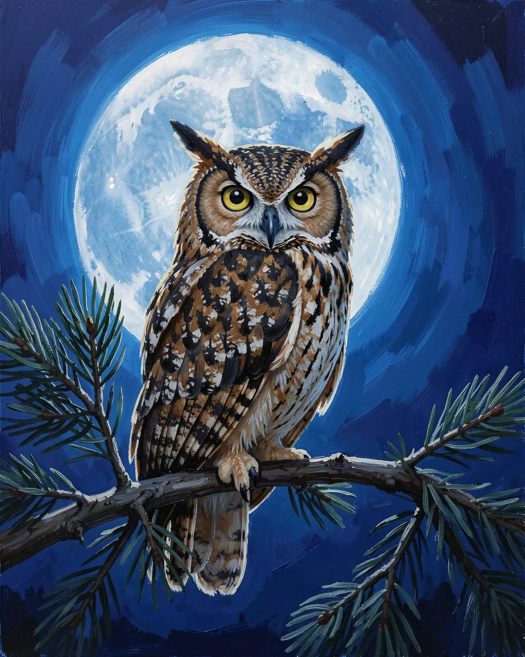 Oil painting of a great horned owl perched on a pine bough in front of a bright full moon against a deep blue night sky