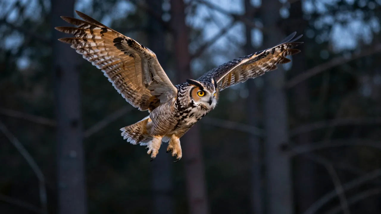 Great horned owl glides with wings spread wide through a dark forest at dusk