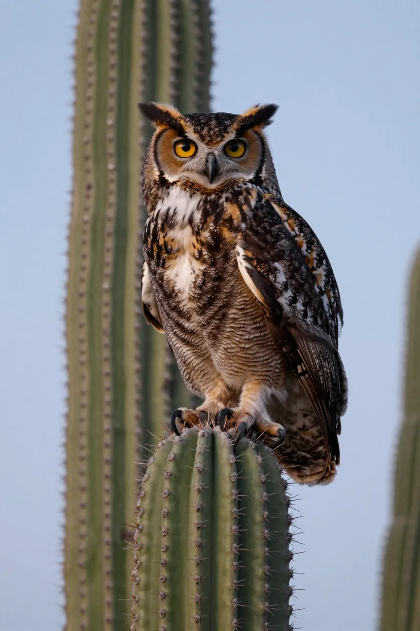 A great horned owl perches upright on the top of a saguaro cactus against a pale dusk desert sky.