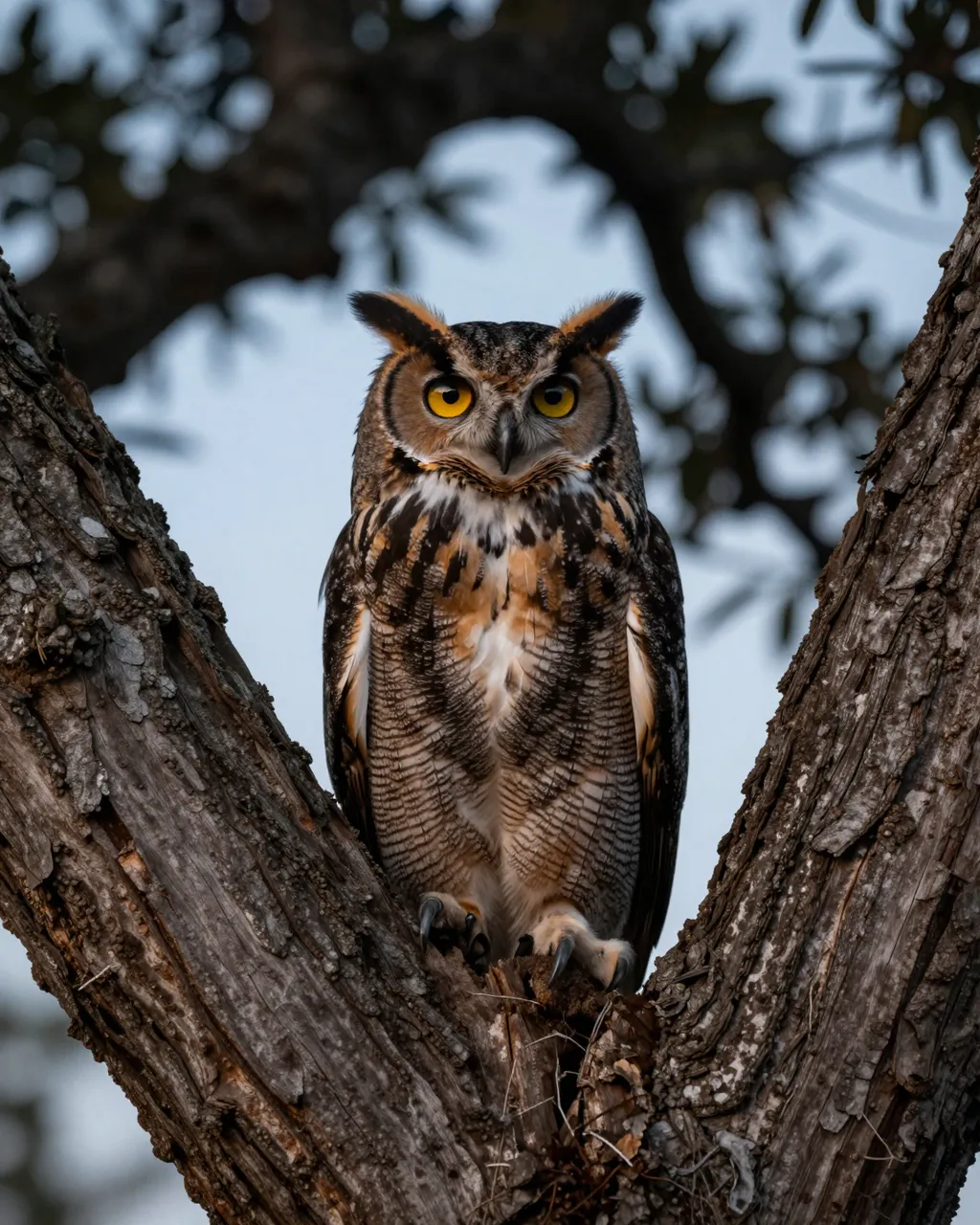 A great horned owl with bright yellow eyes and long ear tufts perches between oak tree branches at dusk