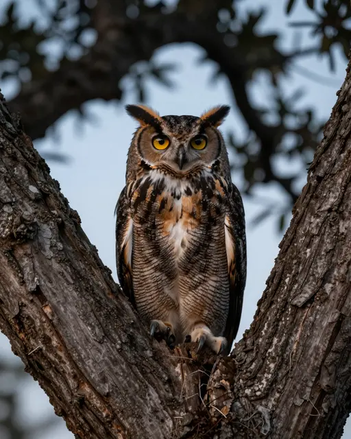 A great horned owl with bright yellow eyes and long ear tufts perches between oak tree branches at dusk