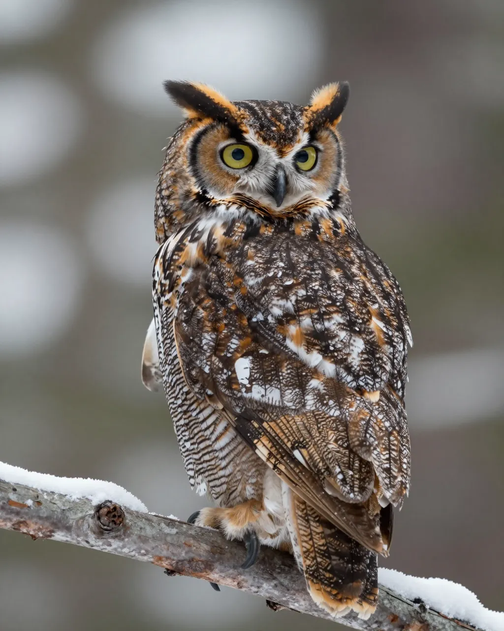 A great horned owl looks directly at the viewer while perched on a snow-dusted tree branch