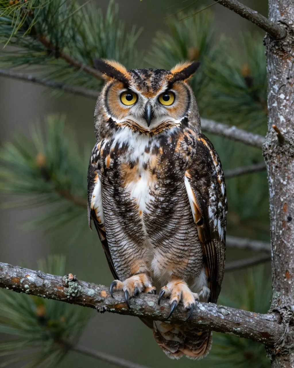 A great horned owl with bright yellow eyes perched upright on a pine tree branch facing the camera.