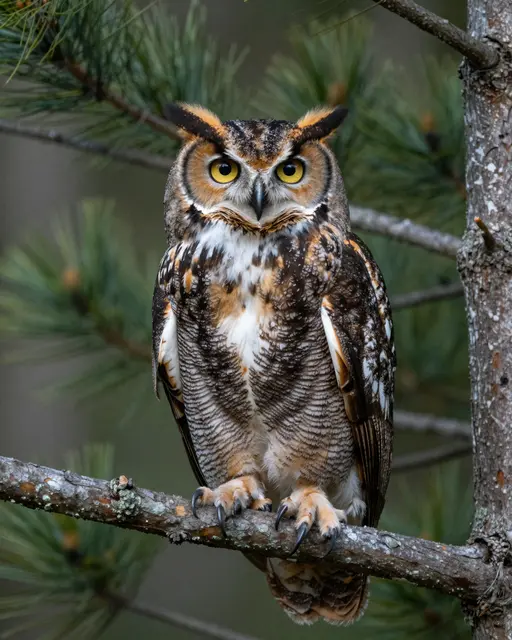 A great horned owl with bright yellow eyes perched upright on a pine tree branch facing the camera.